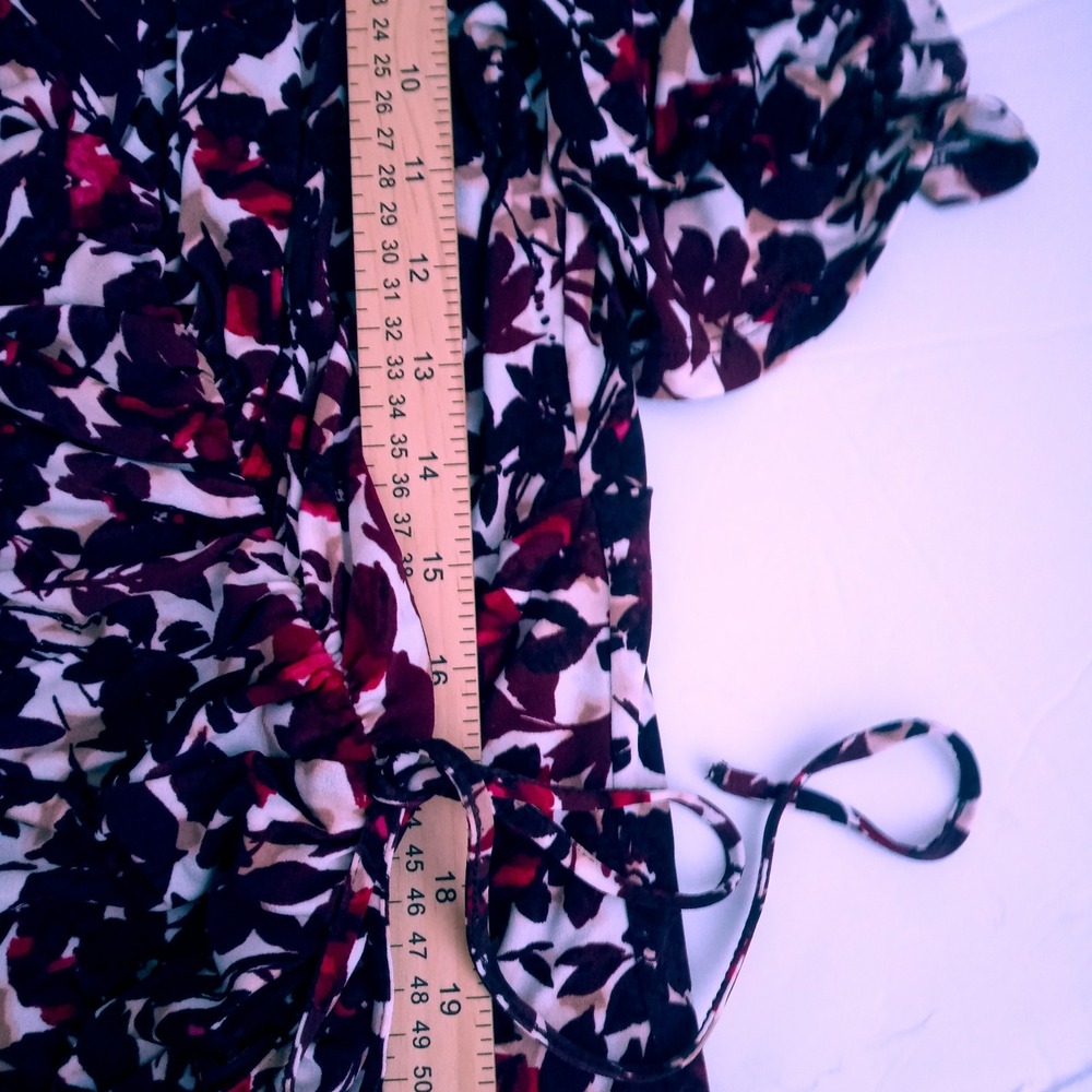 Jessica Howard Dress 18 W Ruched Flounce Hem A Line Maroon Multi V neck Lined - Picture 9 of 13